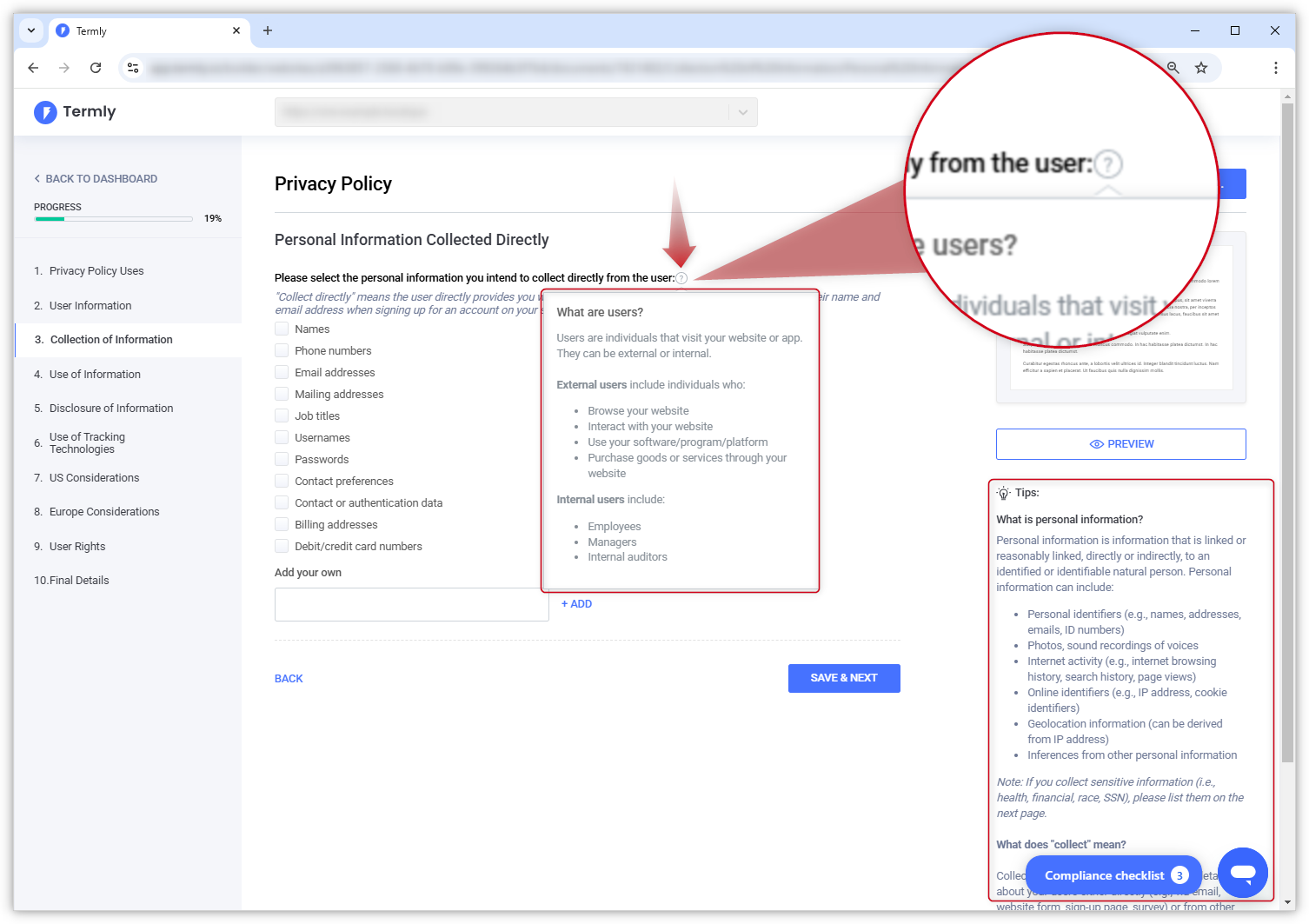 Screenshot van de Privacybeleid-pagina in het Termly-dashboard. Tips over de vragen zijn gemarkeerd.