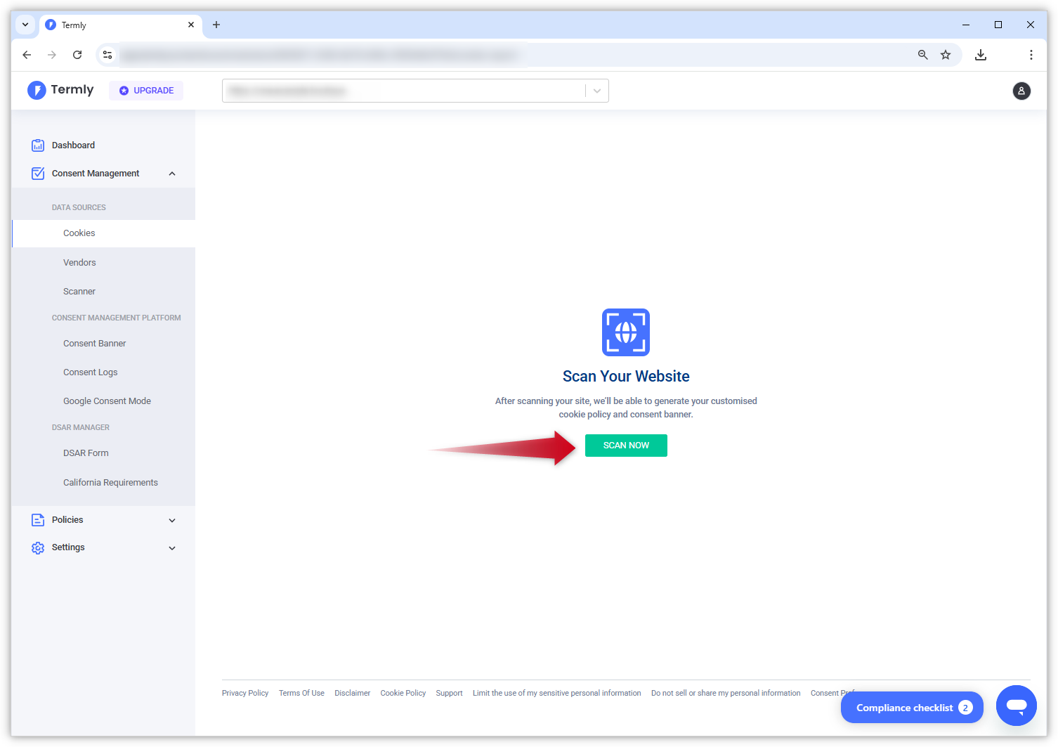 Capture d’écran de la page d’analyse du site Web du tableau de bord Termly. Le bouton vert « Scan now » est mis en évidence.'