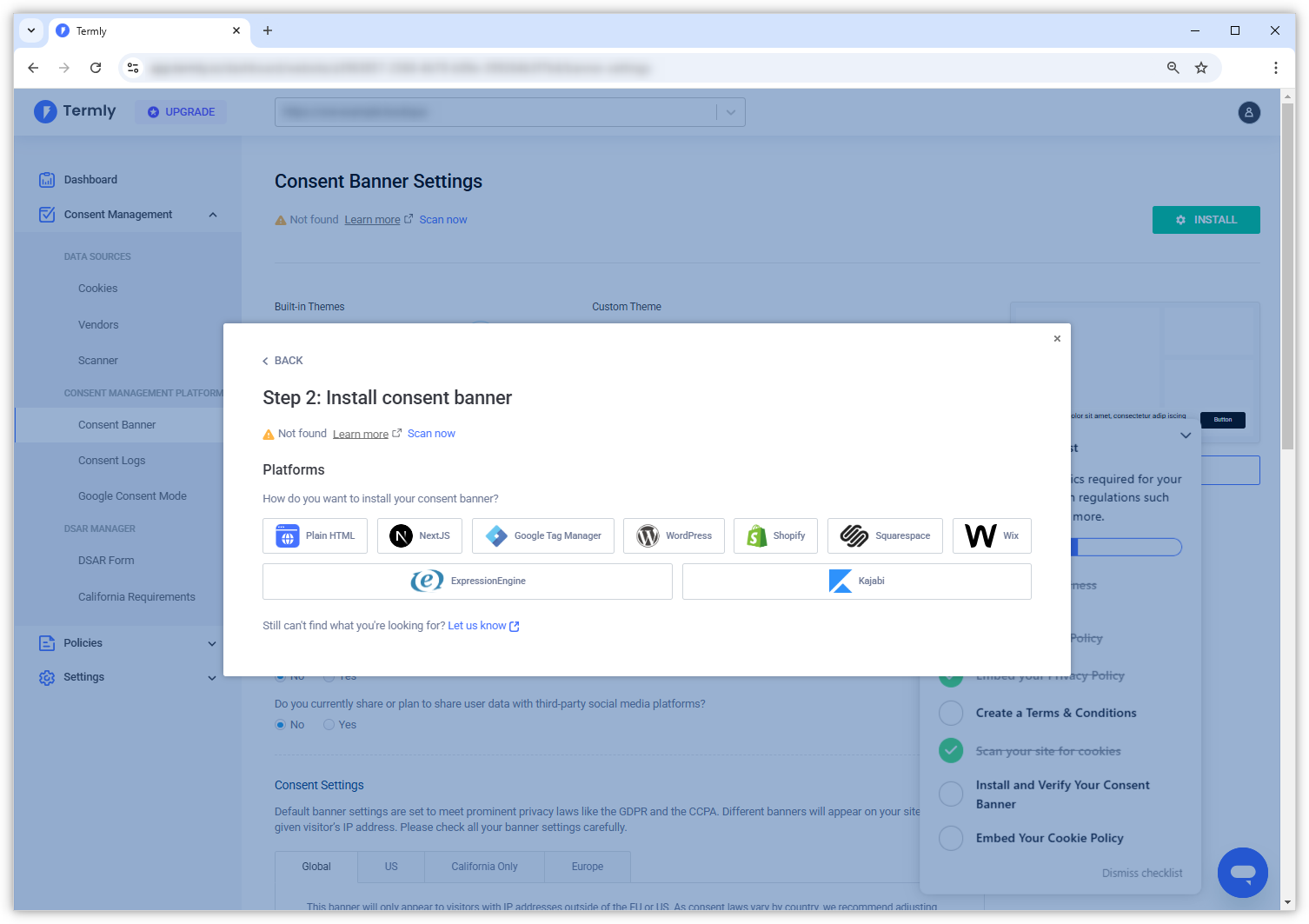 Kuvakaappaus 'Install consent banner' -ponnahdusikkunasta Termly-hallintapaneelissa.