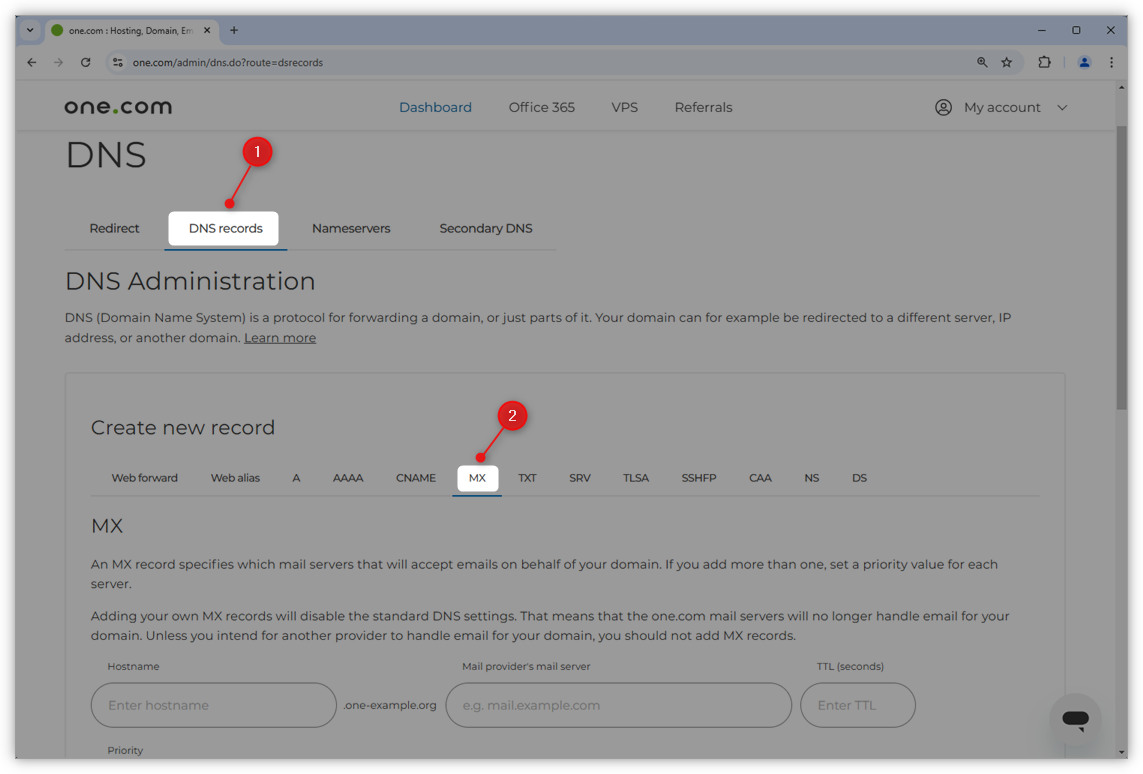 Screenshot of the one.com Control Panel, highlighting where to click in order to add an MX record.