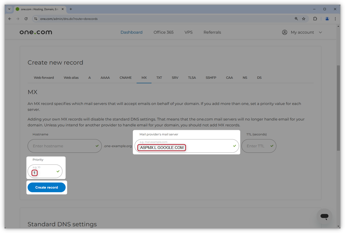 Screenshot of the one.com Control Panel, highlighting the section to add MX record values.