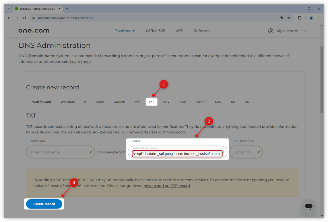 Screenshot of the one.com Control Panel, highlighting how to add the SPF record.