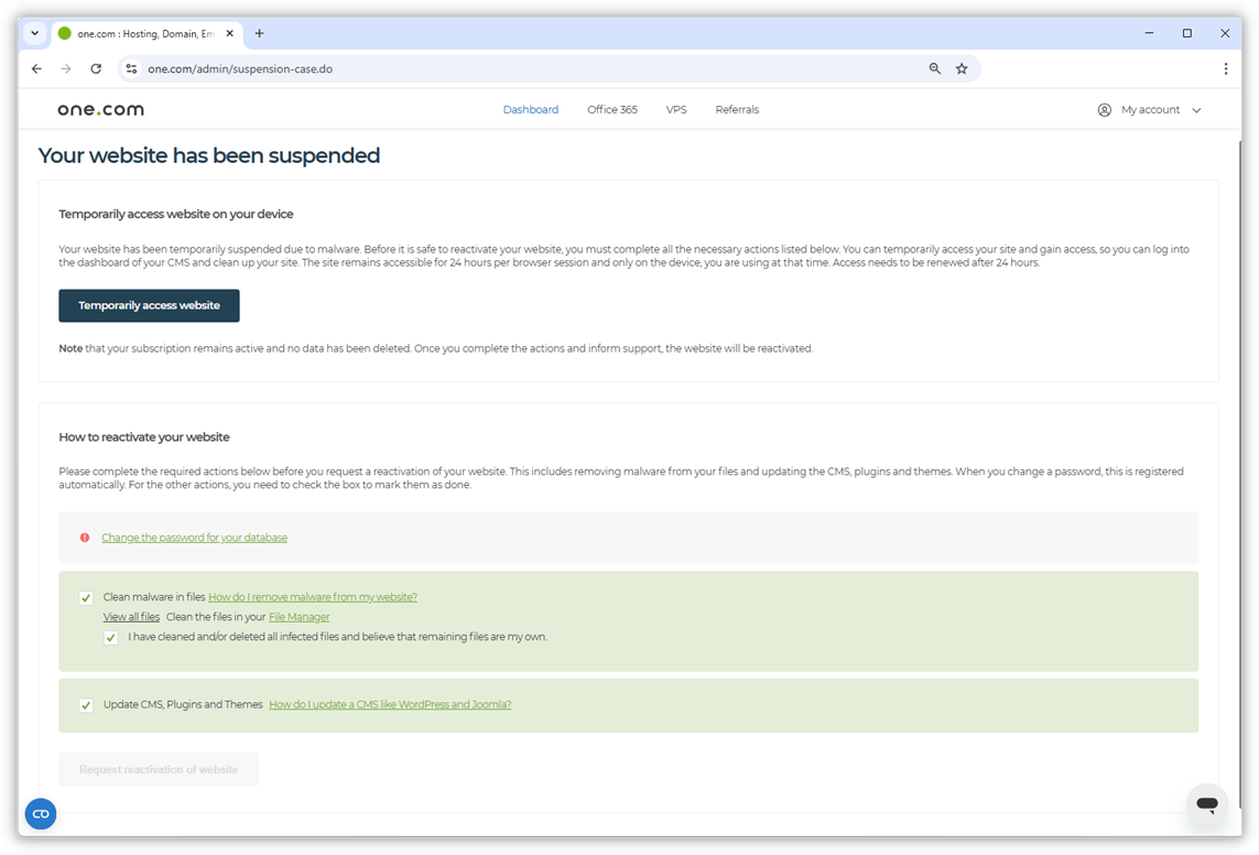 Screenshot of the Control Panel with instructions on reactivating the website and links to our guides.