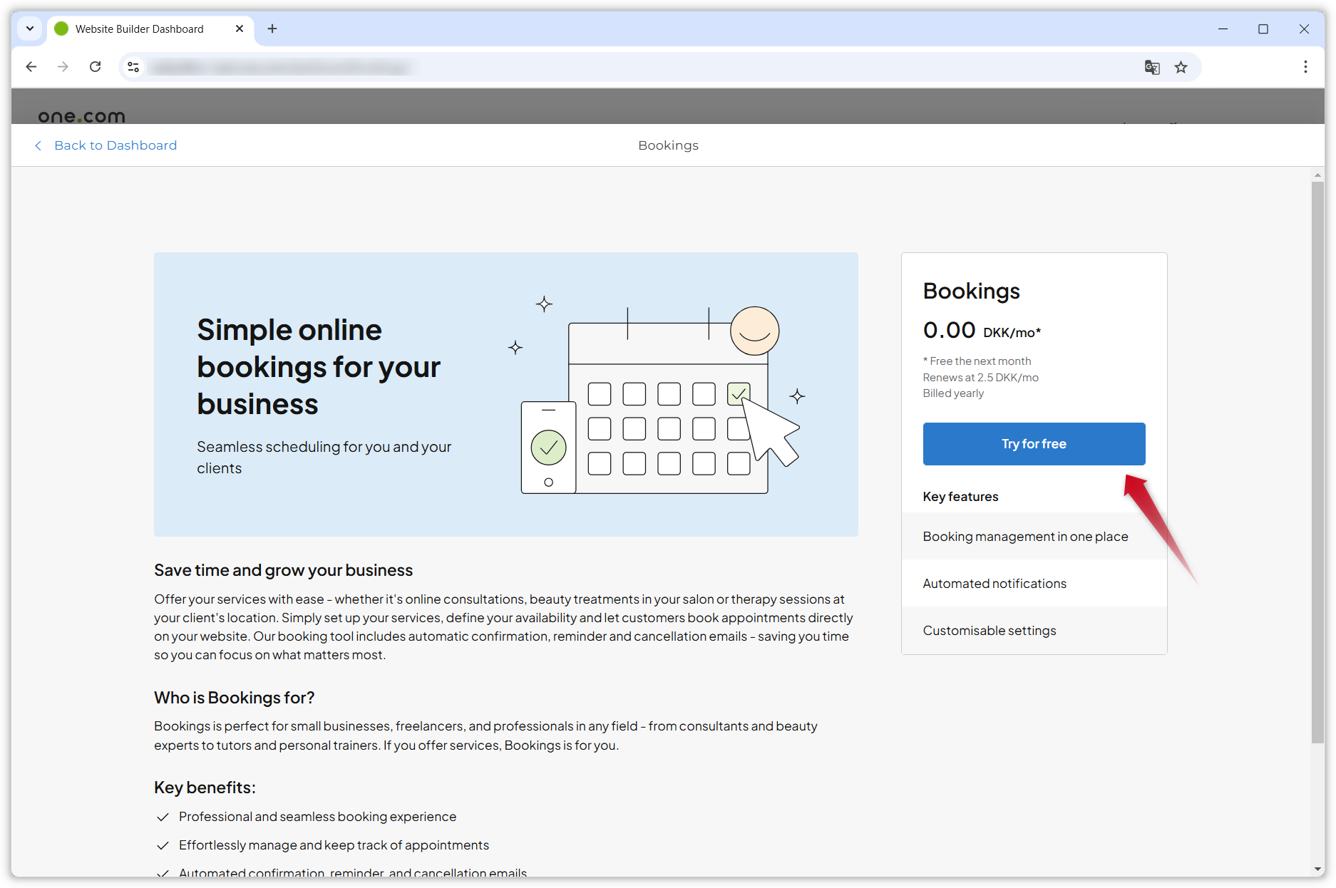 Screenshot showing the initial Bookings activation page. A red arrow points to the blue Try for free button on the left.