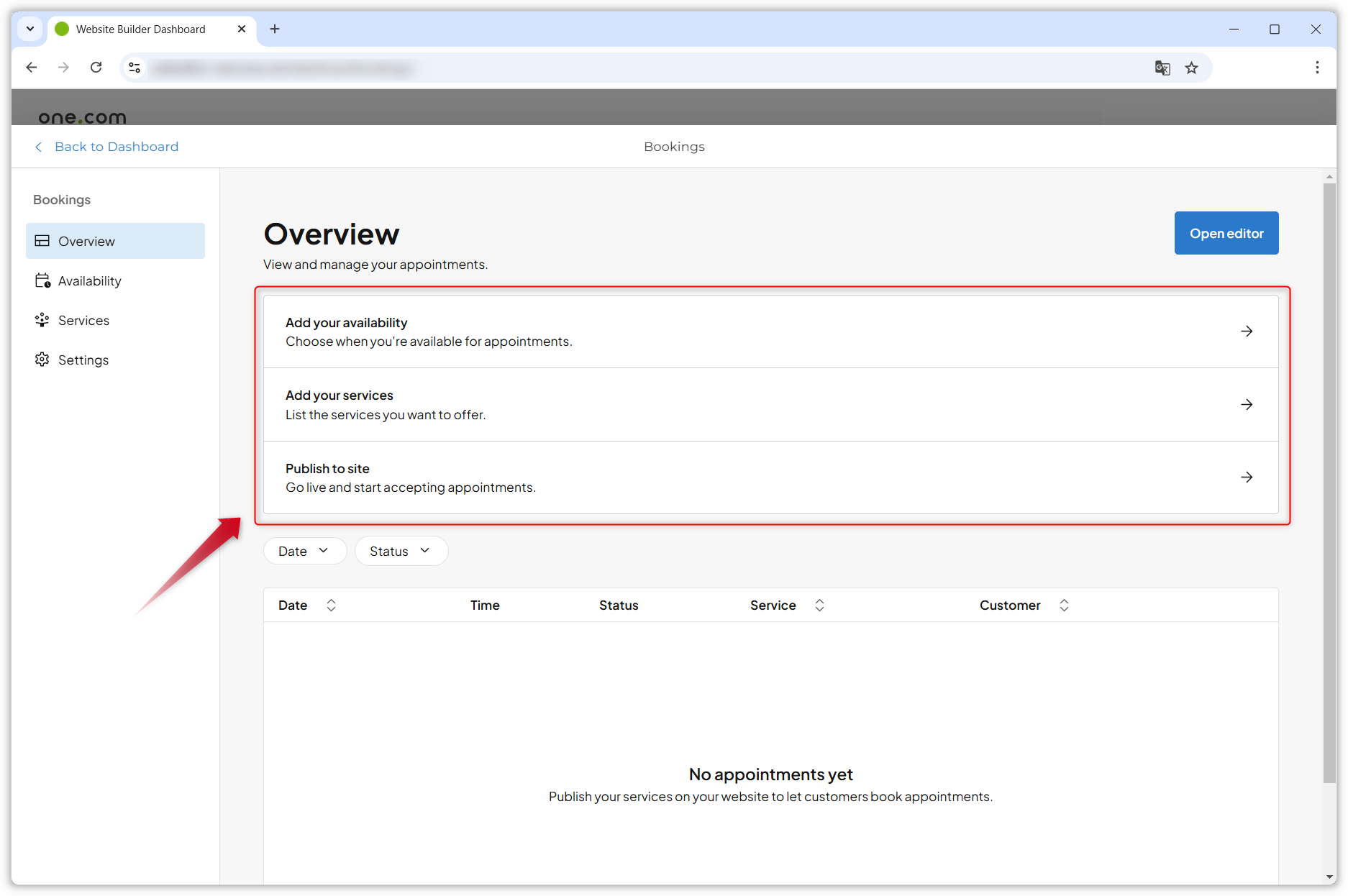 Screenshot showing the Bookings dashboard. A red arrow points to a red frame around the three setup steps on the Overview page.