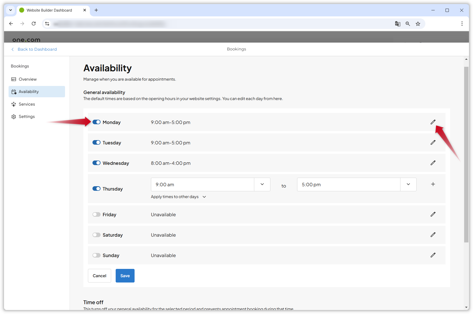 Screenshot showing how to add your availability under Availability in the Bookings dashboard.