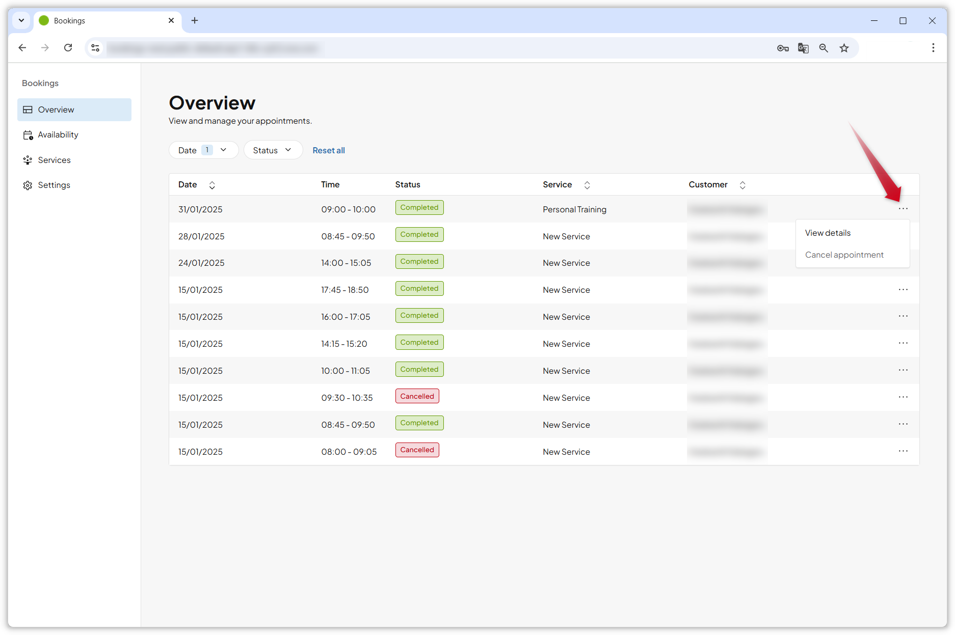 Screenshot of the overview page in the Bookings dashboard.  A red arrow points to the three-dot icon with the open menu for viewing details or deleting an appointment.