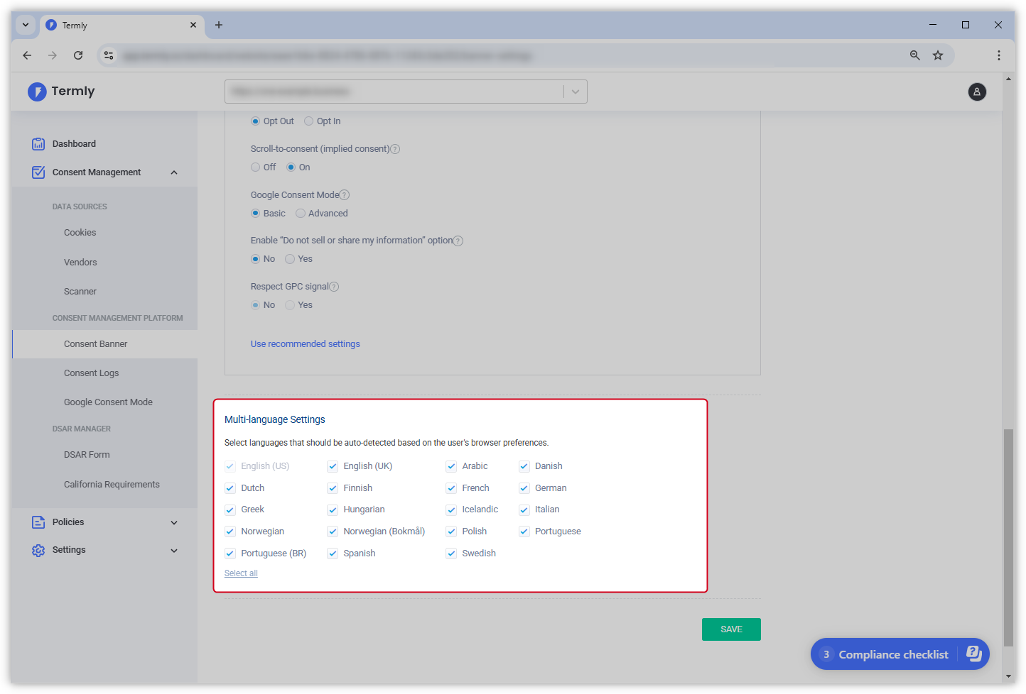 Screenshot of the Consent Banner settings in Termly dashboard. Language settings are highlighted.