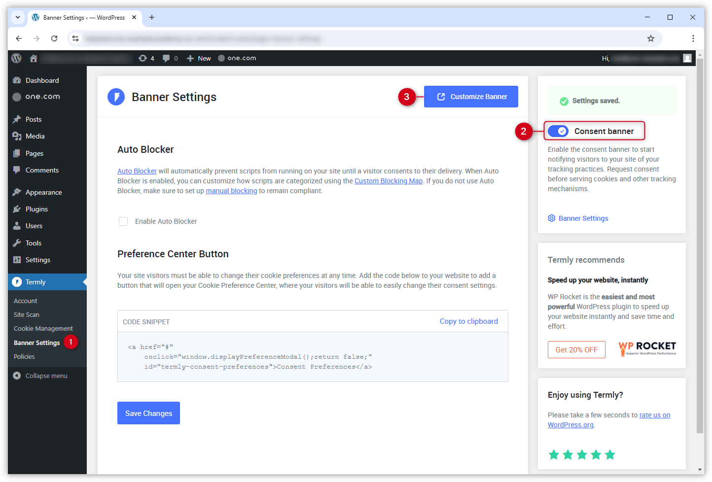 Screenshot do plugin Termly mostrando como ativar o banner Consentimento.