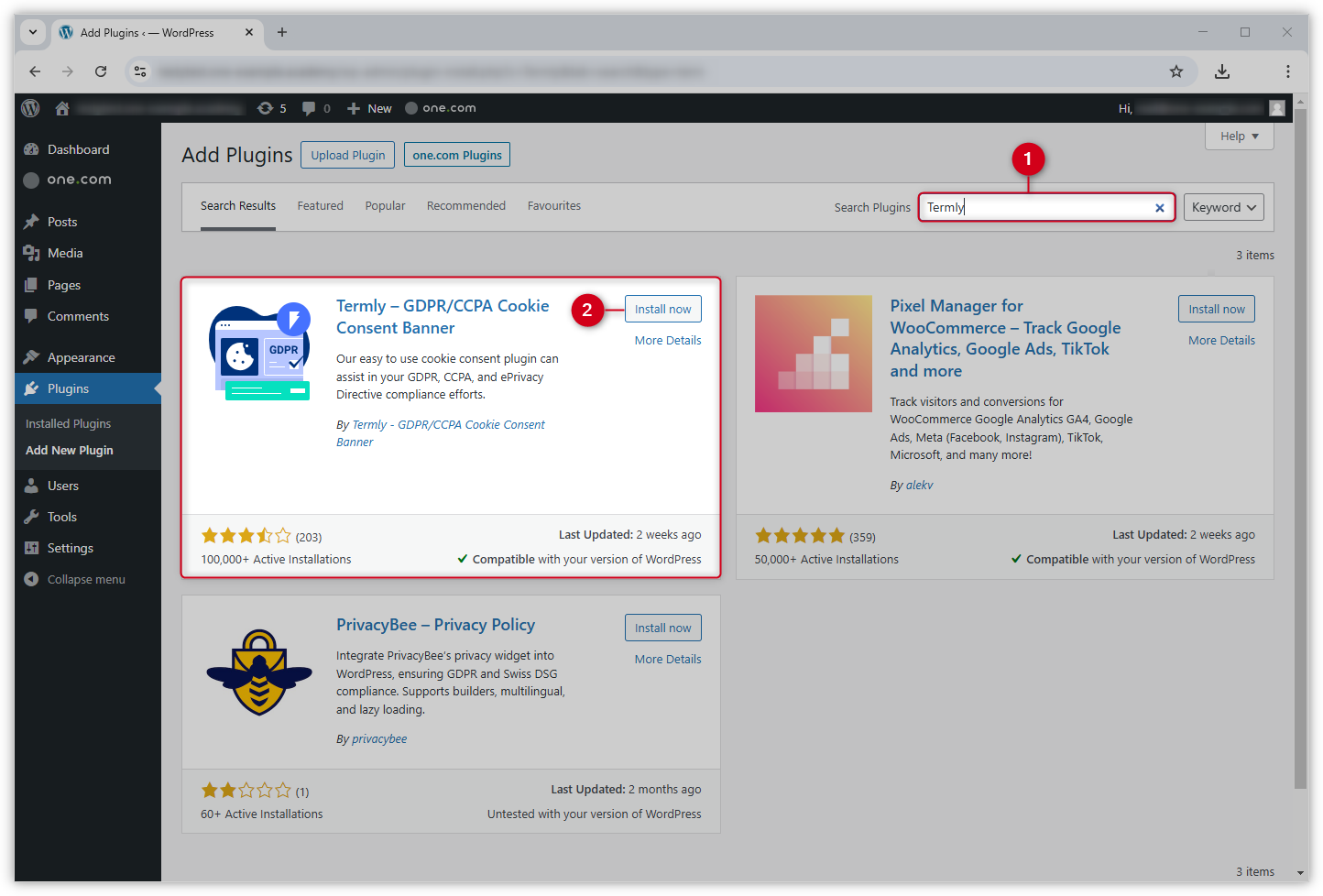 Screenshot do plugin Termly e do botão "Instalar agora" no WP Admin.