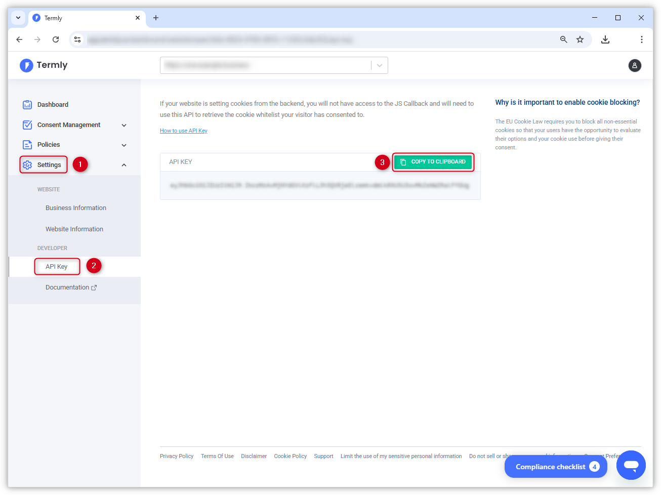 Screenshot van de API Key-pagina in het Termly-dashboard.