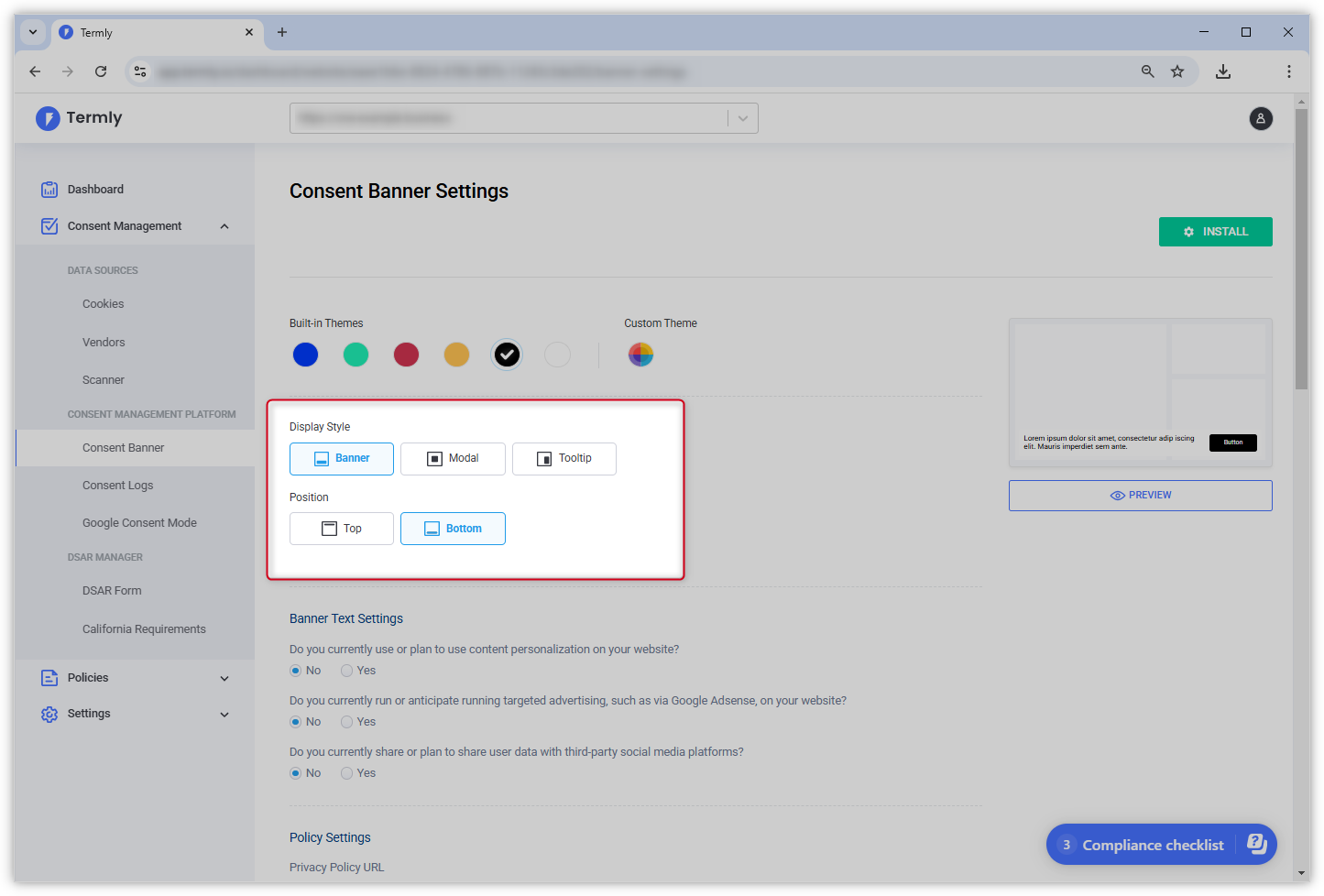 Screenshot delle impostazioni del banner di consenso nella dashboard di Termly. Stile e posizione di visualizzazione sono evidenziati.