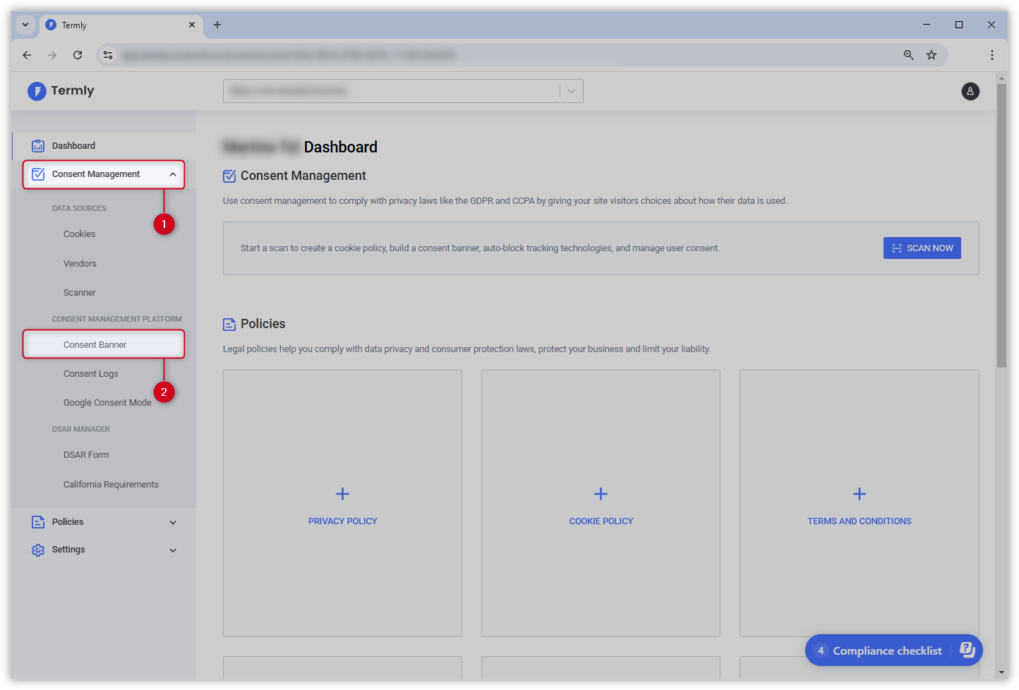 Screenshot des Termly Dashboards, das den Link "Einwilligungsbanner" hervorhebt.