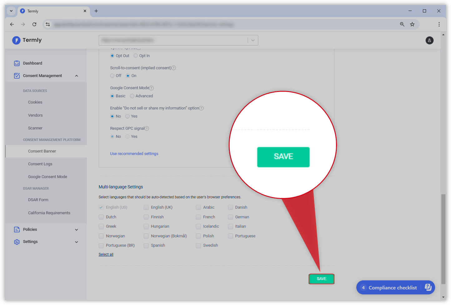 Skjermbilde av innstillinger for samtykkebanner i Termly-dashbordet. Lagre-knappen er uthevet.