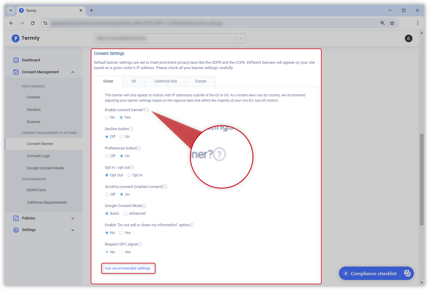 Screenshot delle impostazioni del banner di consenso nella dashboard di Termly.