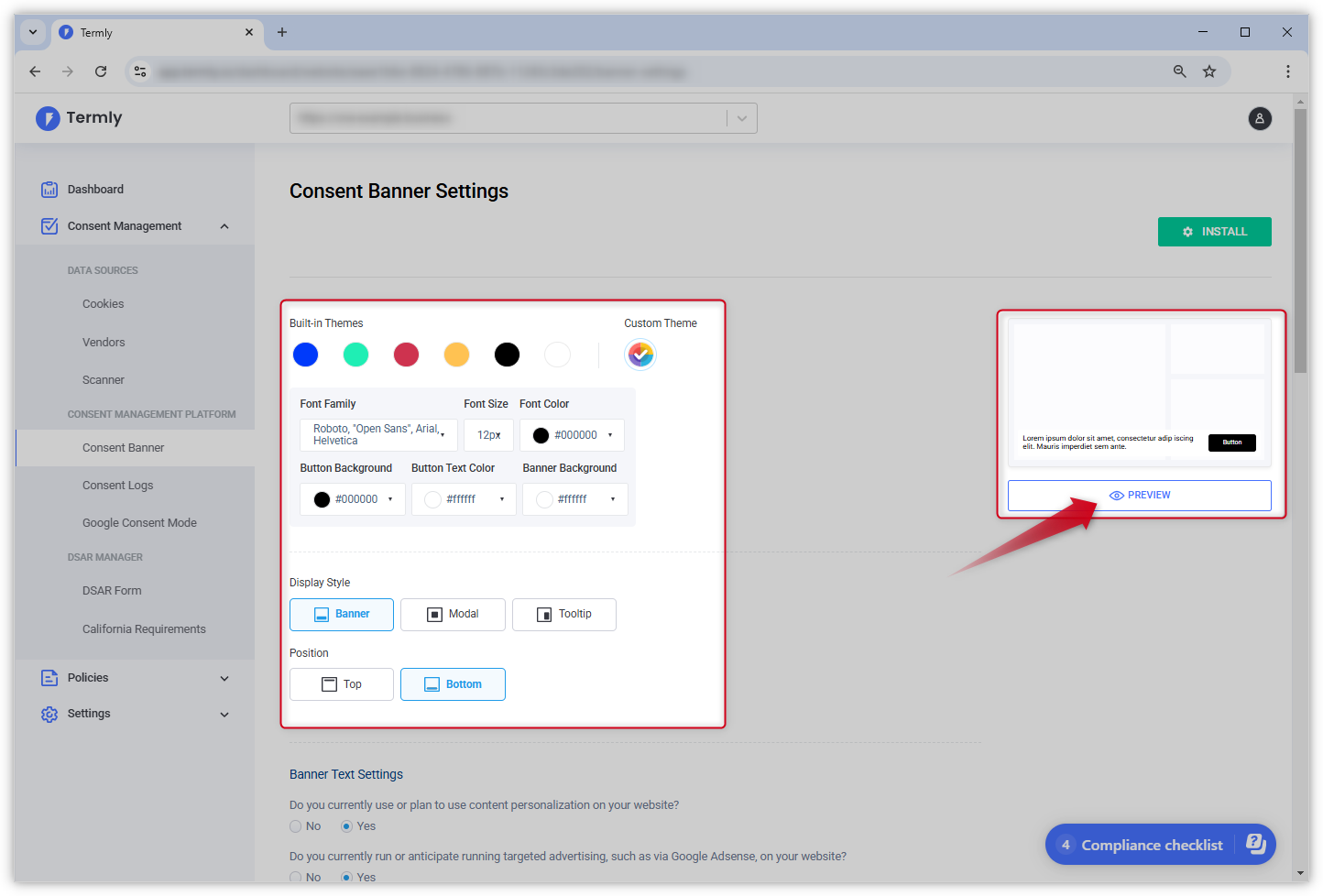 pantalla de la configuración del tema del banner de consentimiento en el panel de control de Termly.
