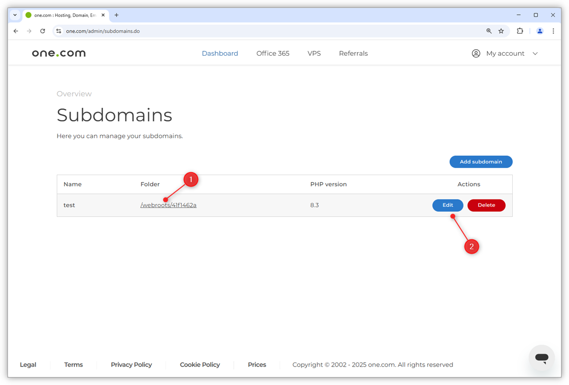 Screenshot showing what ''Folder'' and ''Edit'' means in the Subdomain-page.