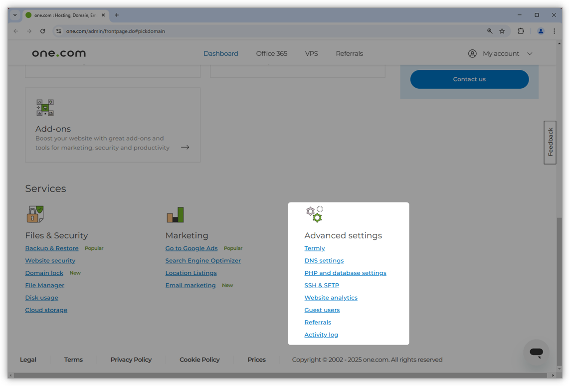 Screenshot of the Control Panel highlighting the Advanced settings section.