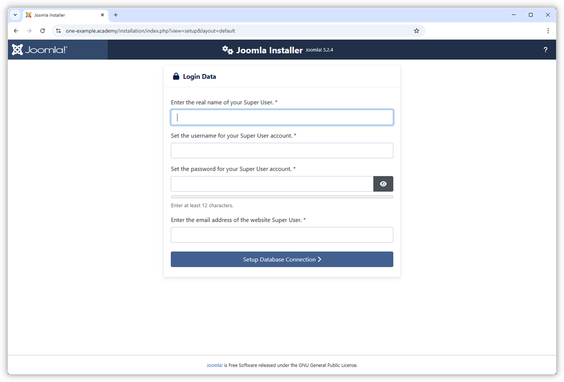 De screenshot toont het browservenster voor de Joomla-installatie.