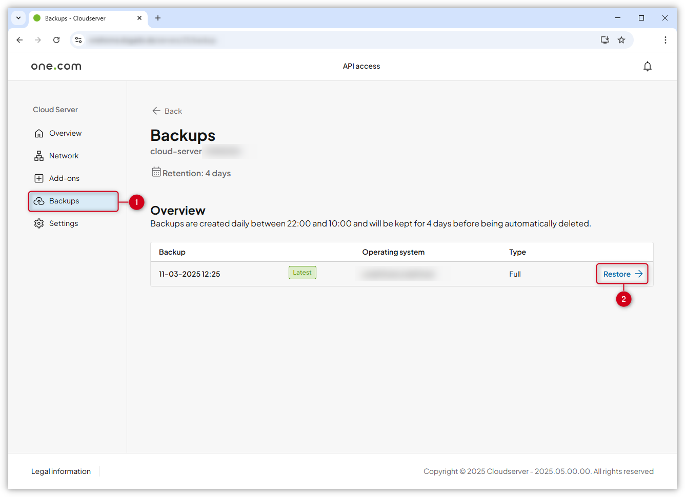Skærmbillede af Backups-siden i oneHome, der viser, hvordan man gendanner en backup af en VPS.