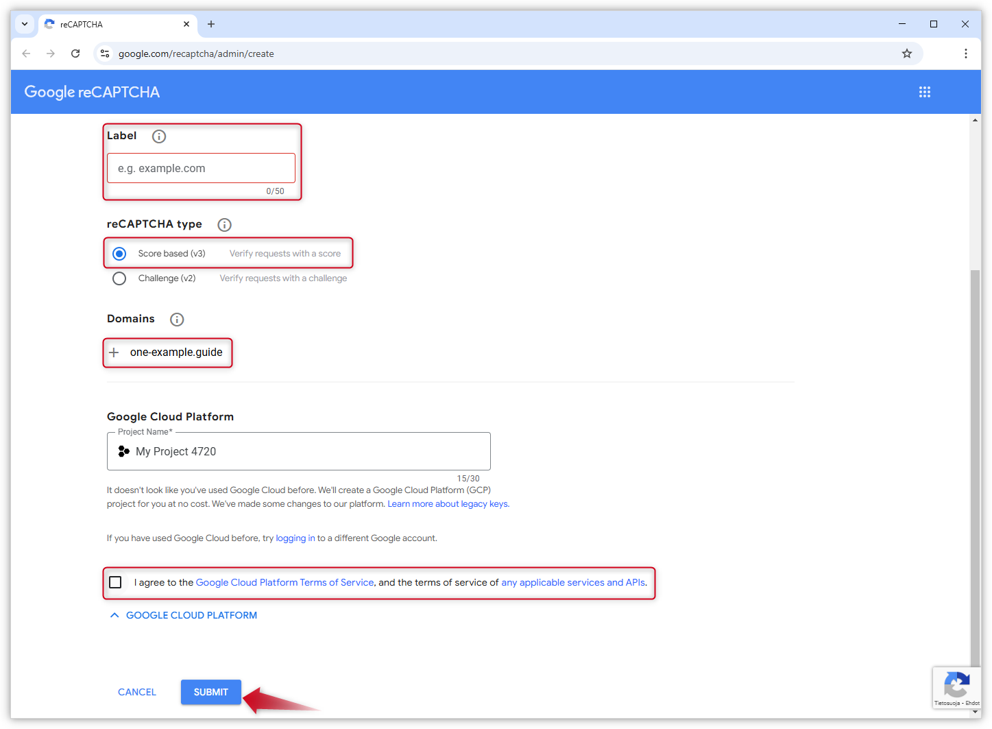 Screenshot van Google reCaptcha's registratie pagina.