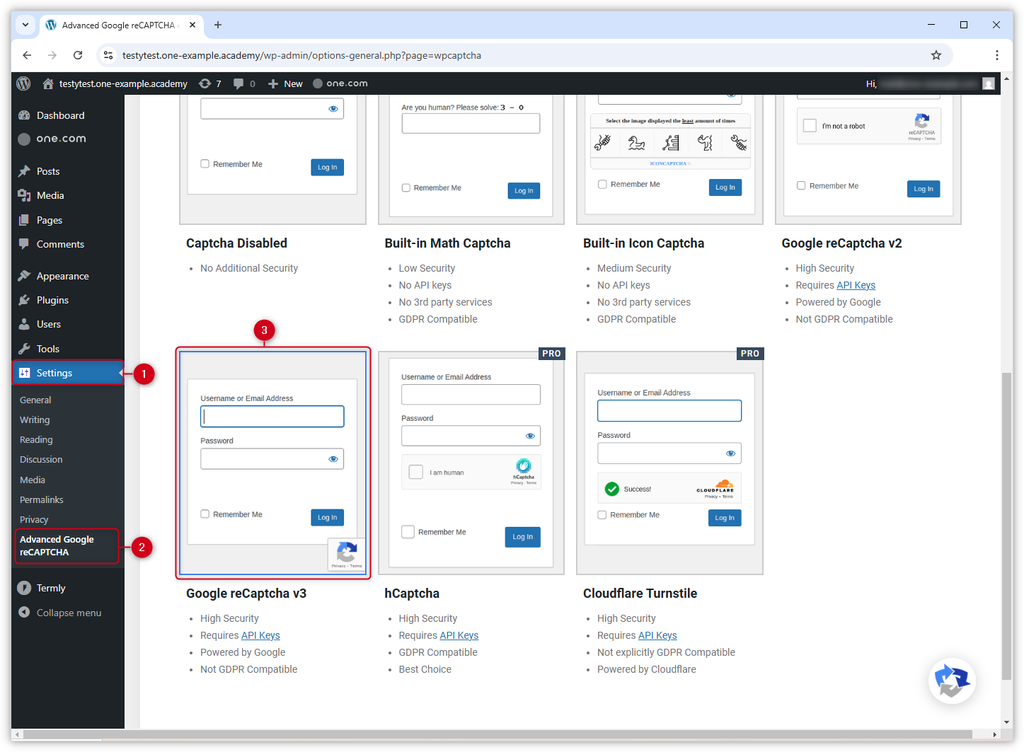 Screenshot van Advanced Google reCAPTCHA plugin in WP Admin, met reCaptcha v3 uitgelicht.