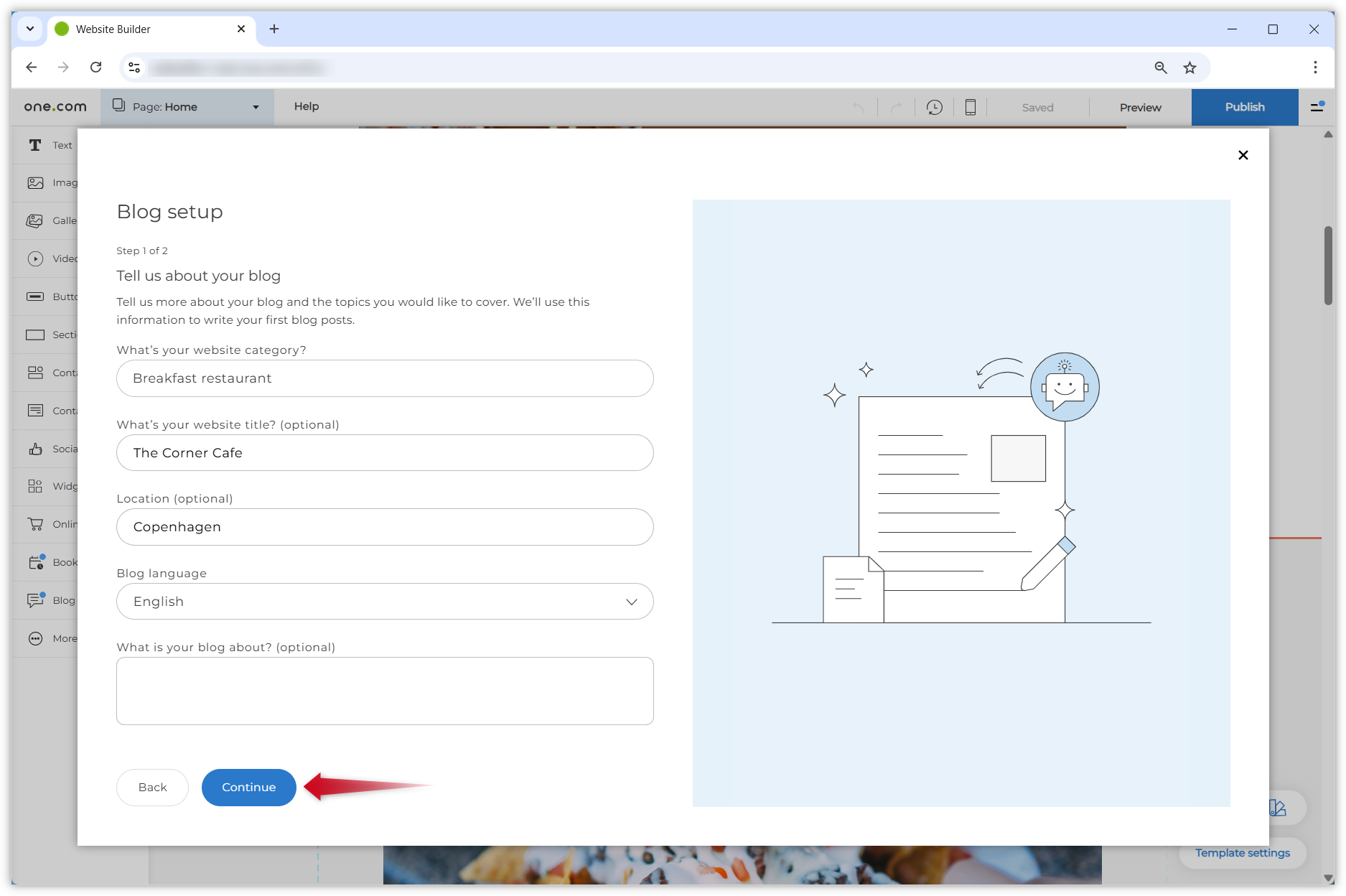 Screenshot showing one of two setup steps for AI-generated texts. A red arrow points to a blue Continue button at the bottom the page.
