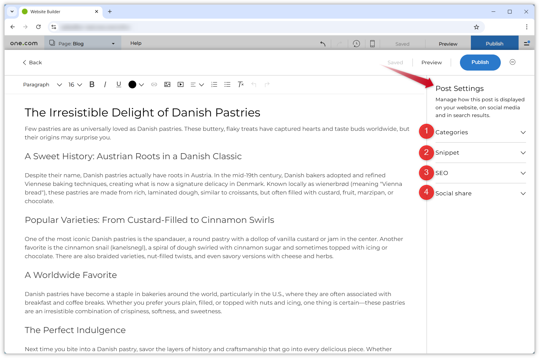 Screenshot of the blog editor showing the post settings. Each of the four setting sections have a red numbered dot next to it.