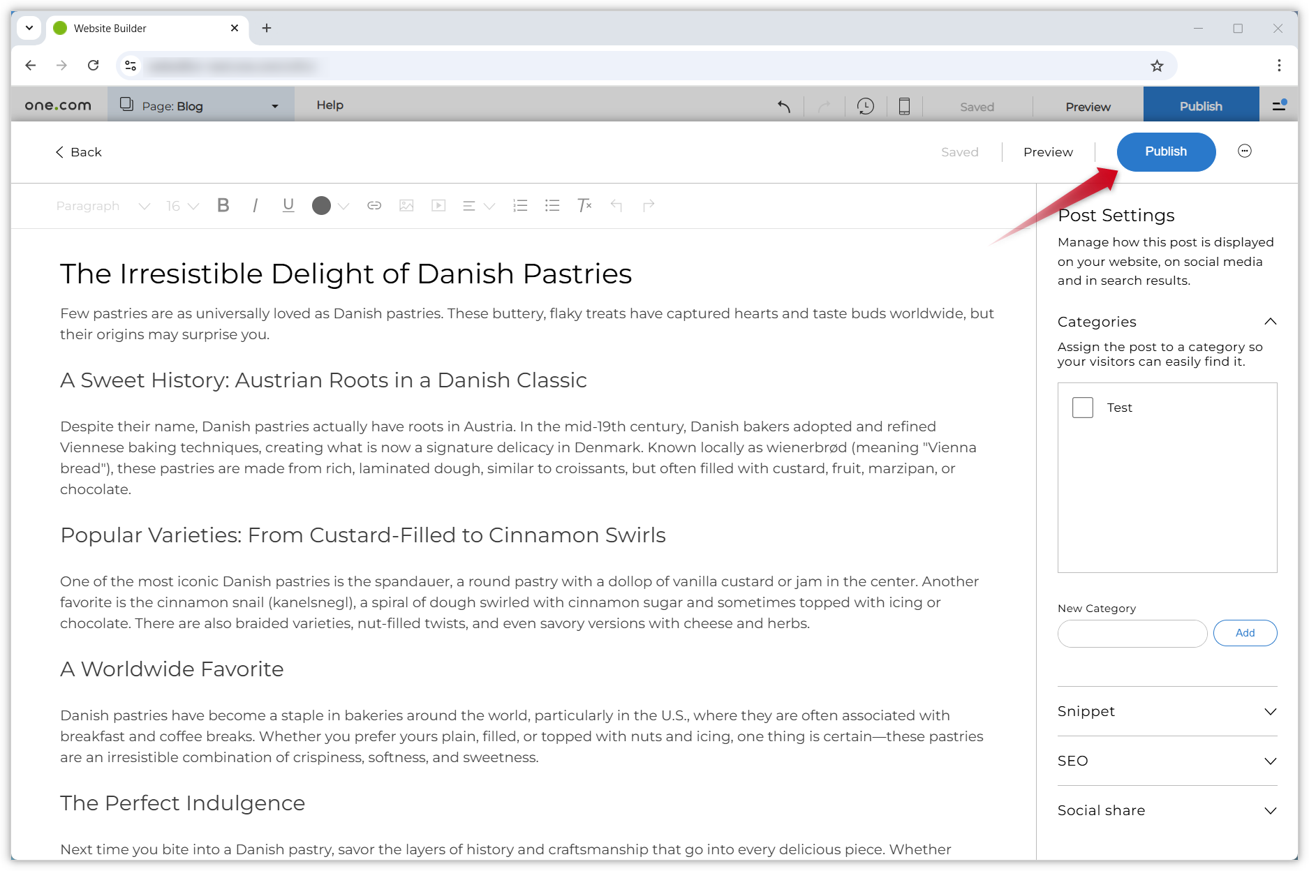 Screenshot of the blog post editor. A red arrow points to the blue Publish button in the top-right corner.