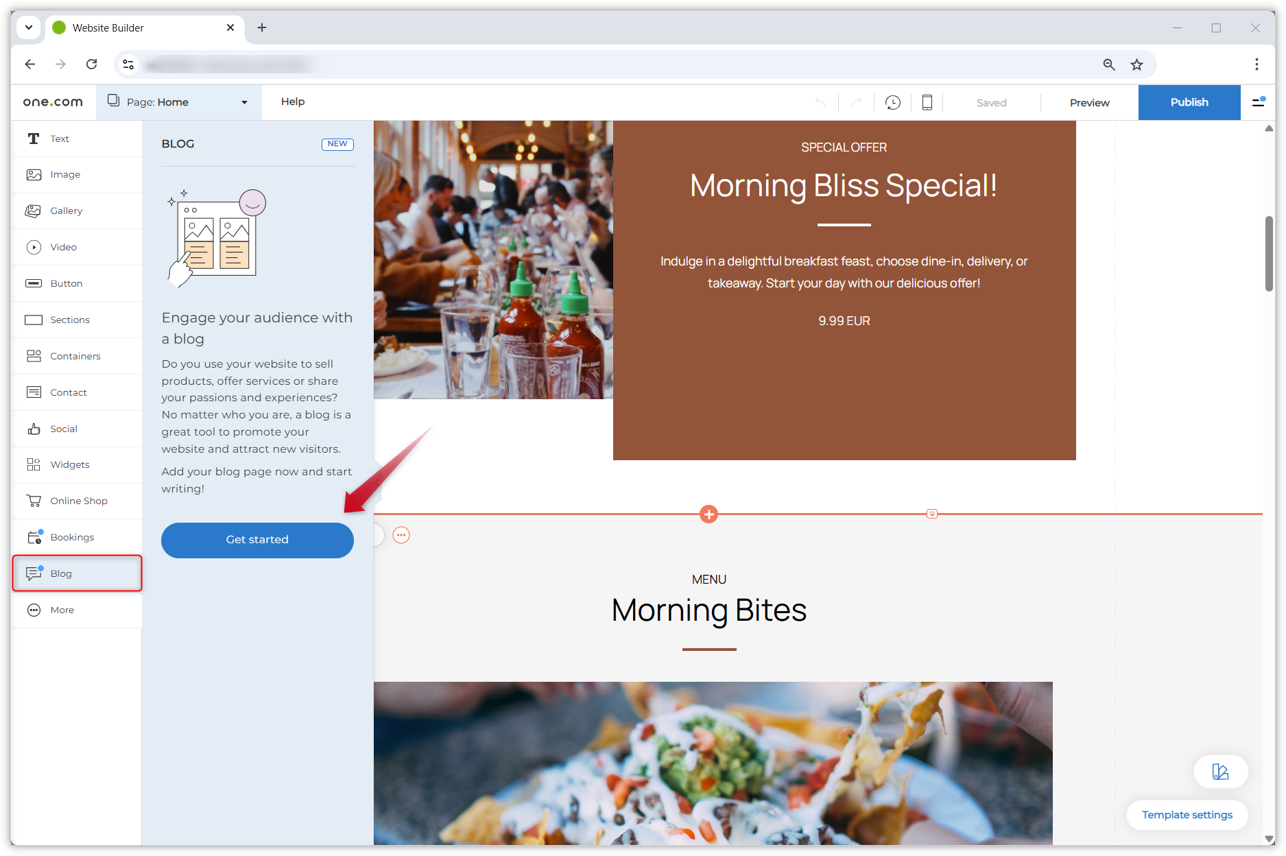 Screenshot that shows the Blog tile in the menu on the left in the Website Builder editor. A red arrow points to a blue Get started button.