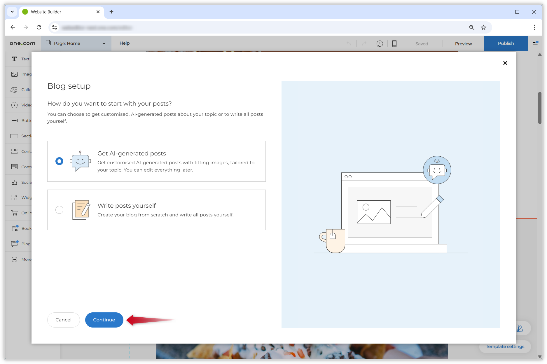 Screenshot showing the blog setup page. The user has to choose between two layout options. A red arrow points to a blue Continue button at the bottom of the window