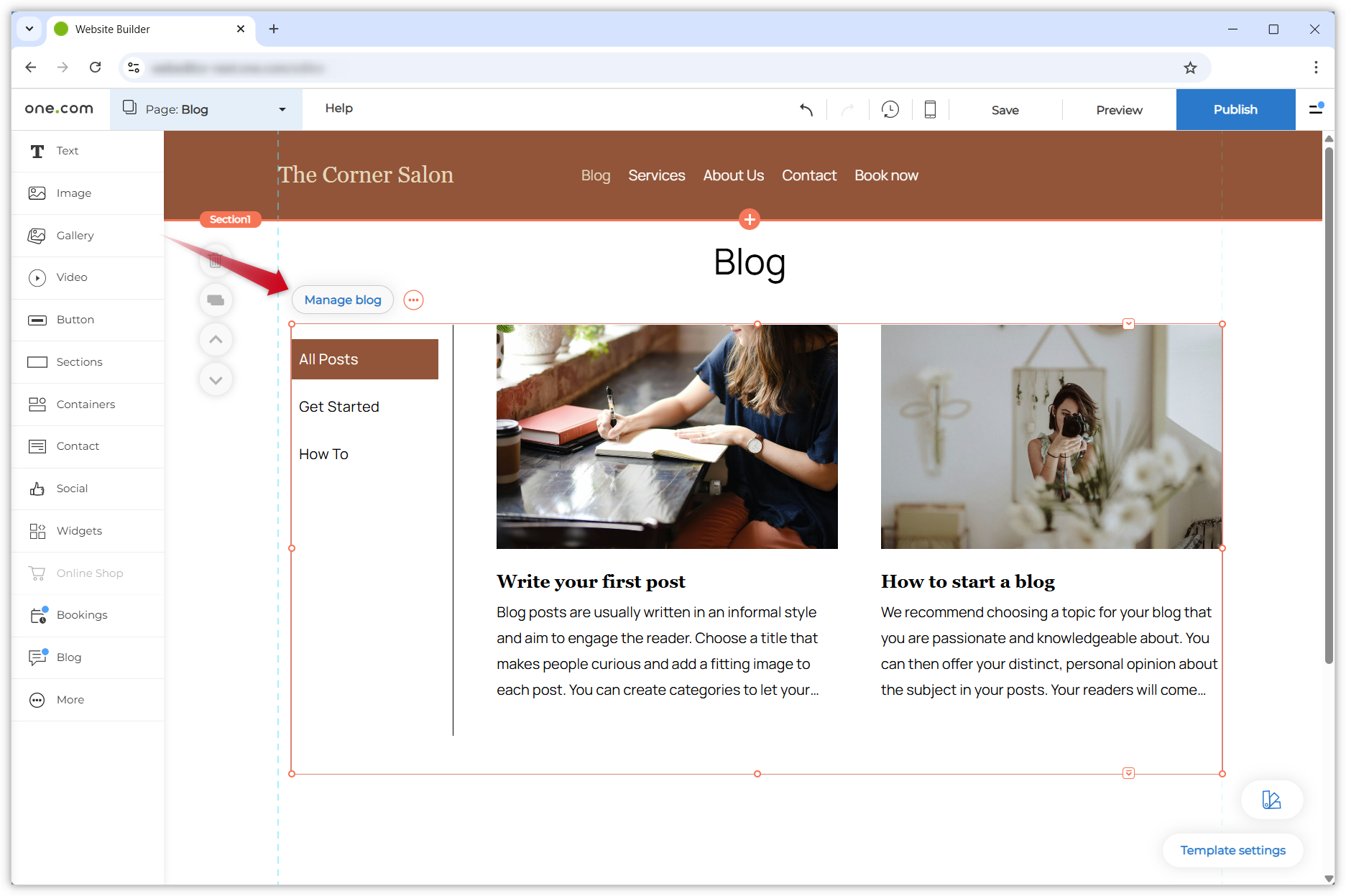 Screenshot showing the blog component inserted in Website Builder. A red arrow points to the Manage blog tab on the component.
