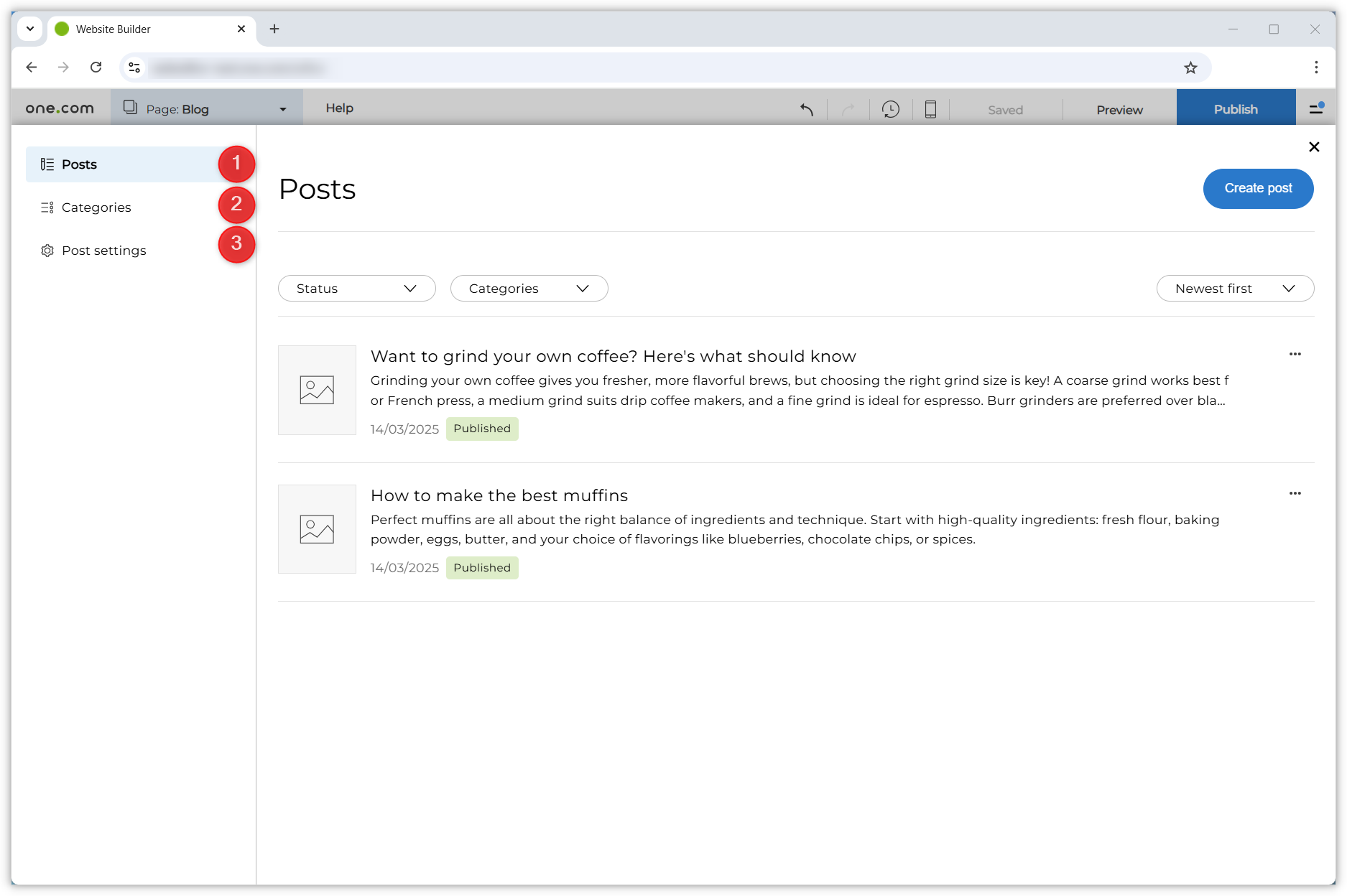 Screenshot showing the blog administration. Numbered red dots show the sections in the menu on the left.