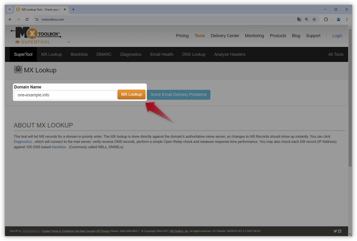 Screenshot of the landingpage of mxtoolbox, where you type your domainname.