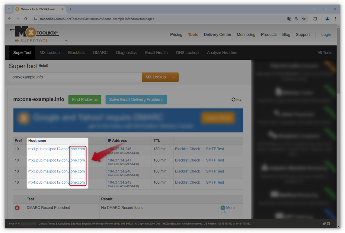 Screenshot van het resultaat in mxtoolbox, waar je one.com in de hostnaam kan zien.