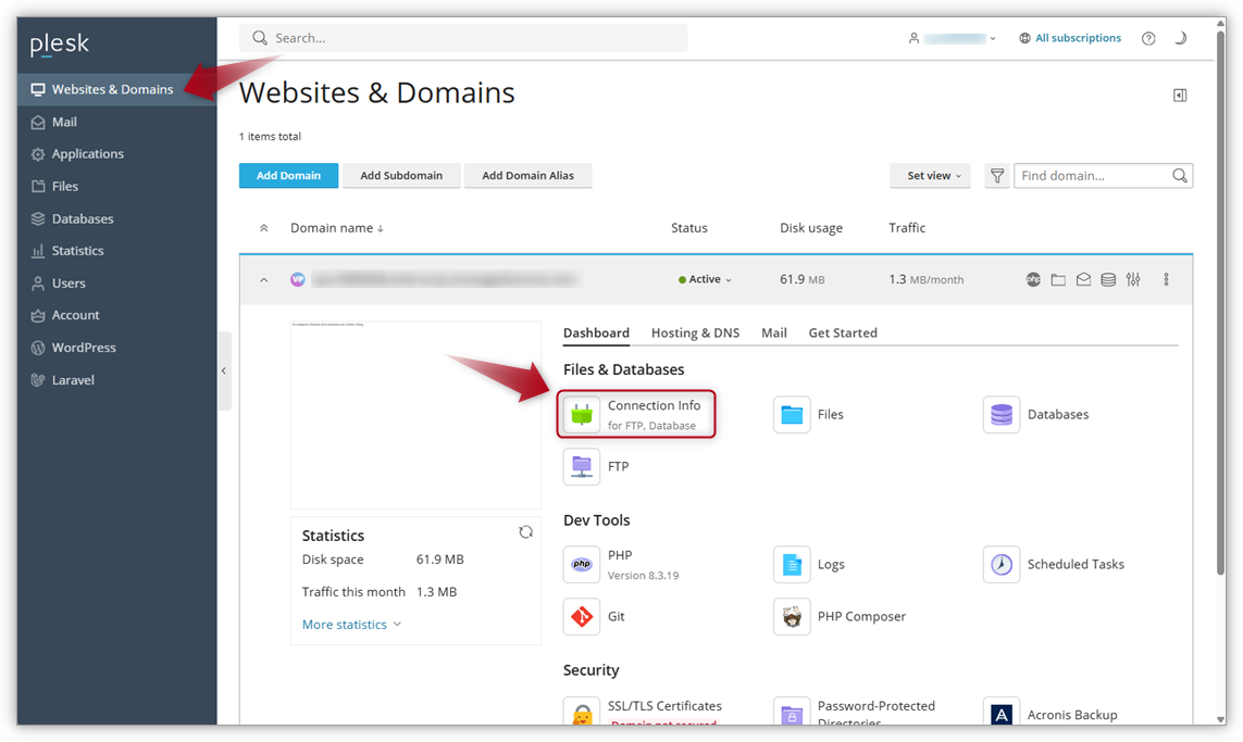 Screenshot of Plesk where arrows points to Website & Domains and the button Connection Info