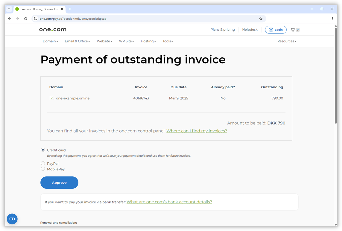 Screenshot of the page for paying outstanding invoices.