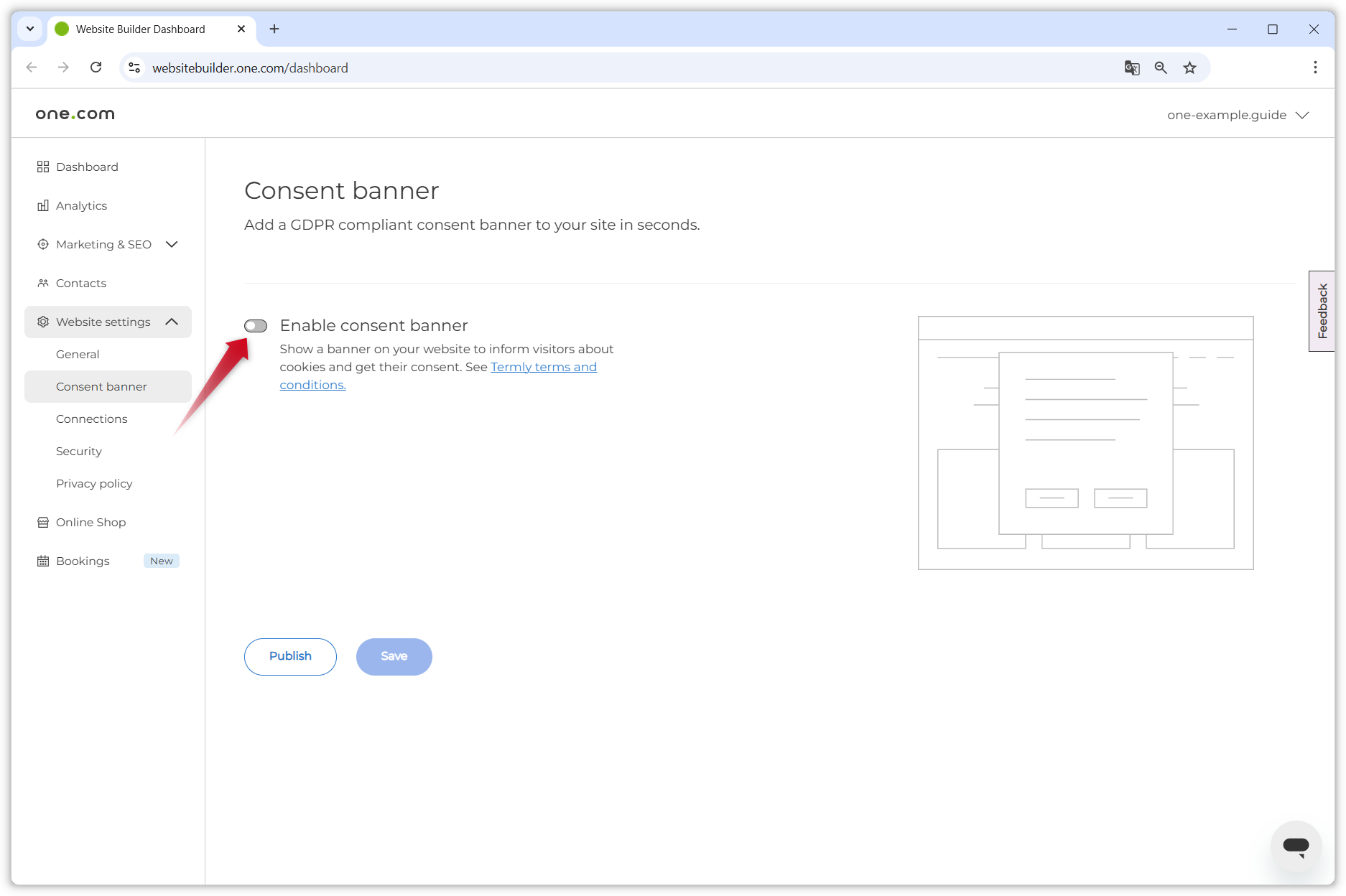Screenshot of the Website Builder dashboard. A red arrow points to the Enable consent banner toggle.