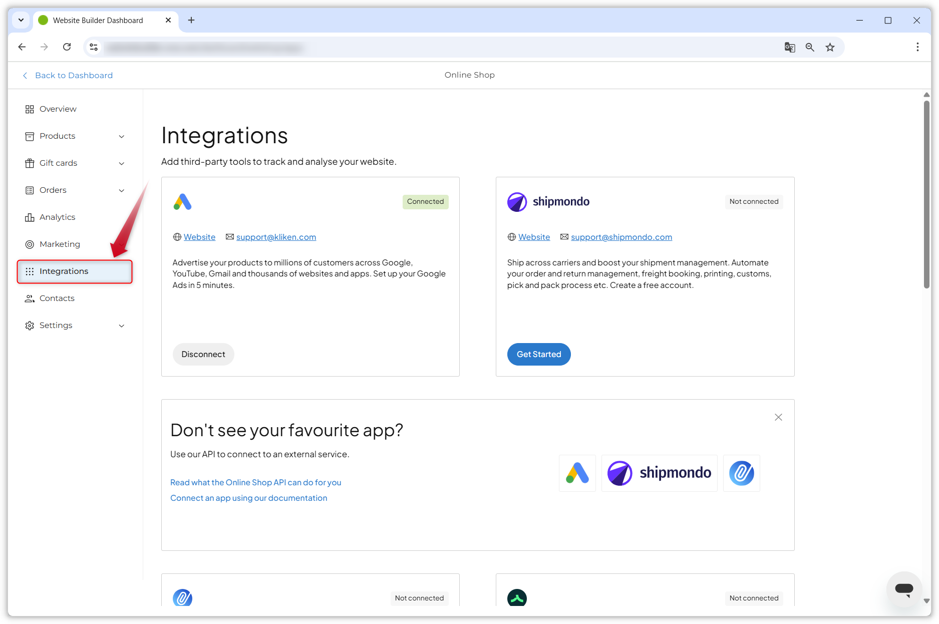 Ecrã mostrando a página 'Integrações' no painel da Loja virtual.