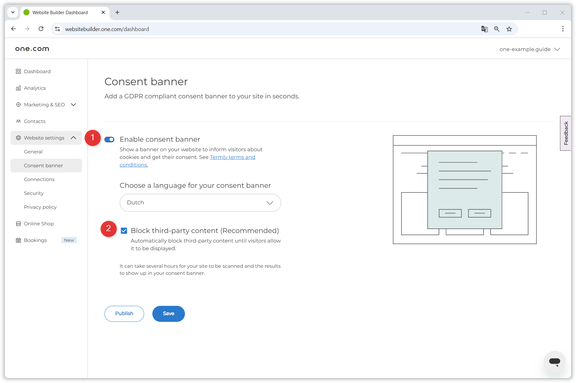 Screenshot showing the Consent banner settings. The Enable consent banner toggle is on, and you can see the tickbox for auto-blocker. The box is ticked.