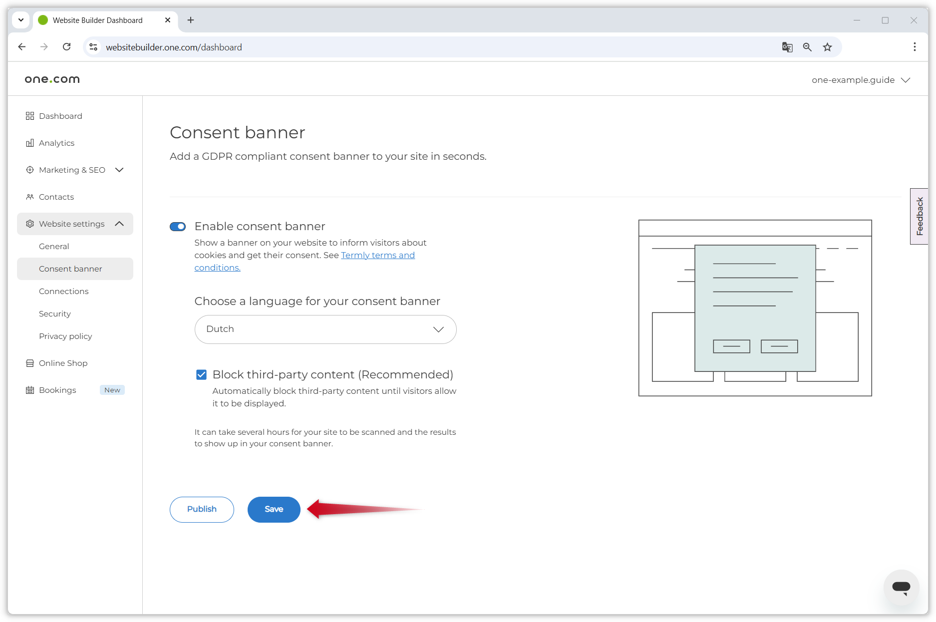 Screenshot showing the Consent banner settings. A red arrow points to the blue Save button at the bottom of the page..