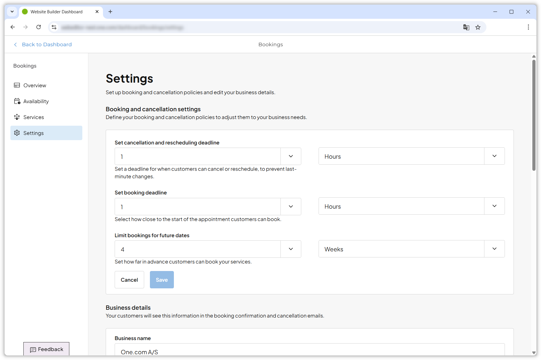Screenshot showing the Settings page in the Bookings dashboard.