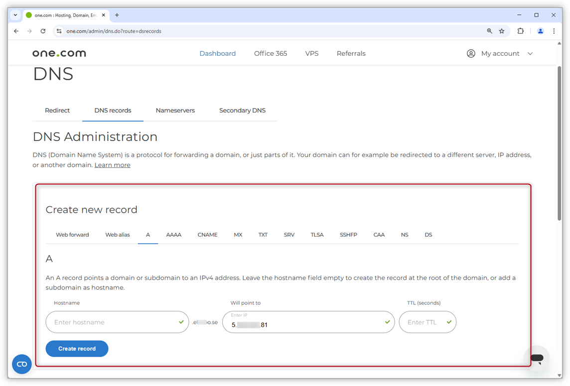 Screenshot of the DNS panel in one.com Controlpanel