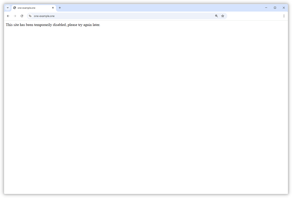 A screenshot of the domain opened in a browser window displays the message: "This site has been temporarily disabled, please try again later.".
