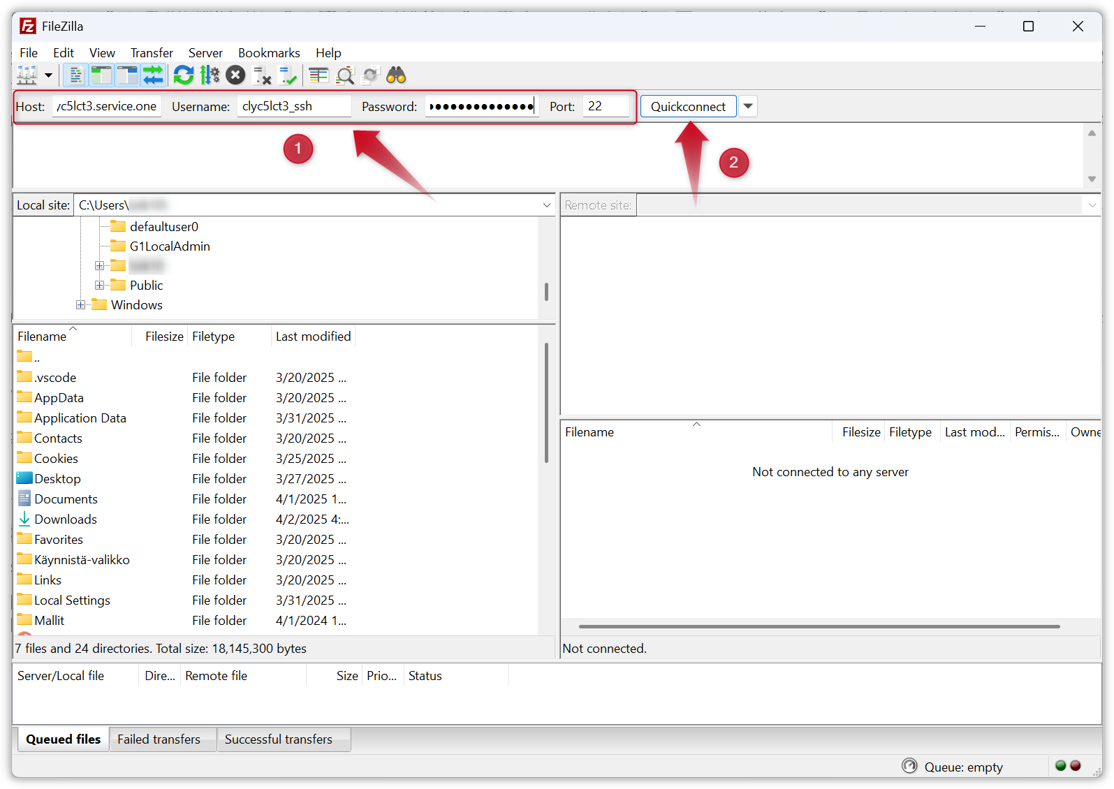 La captura de pantalla de la interfaz de FileZilla resalta dónde ingresar primero los detalles de la conexión y luego hacer clic en el botón "Conexión rápida".