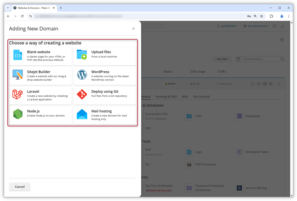 Captura de pantalla de las diferentes opciones dentro de Plesk que CMS puede elegir para su sitio web.