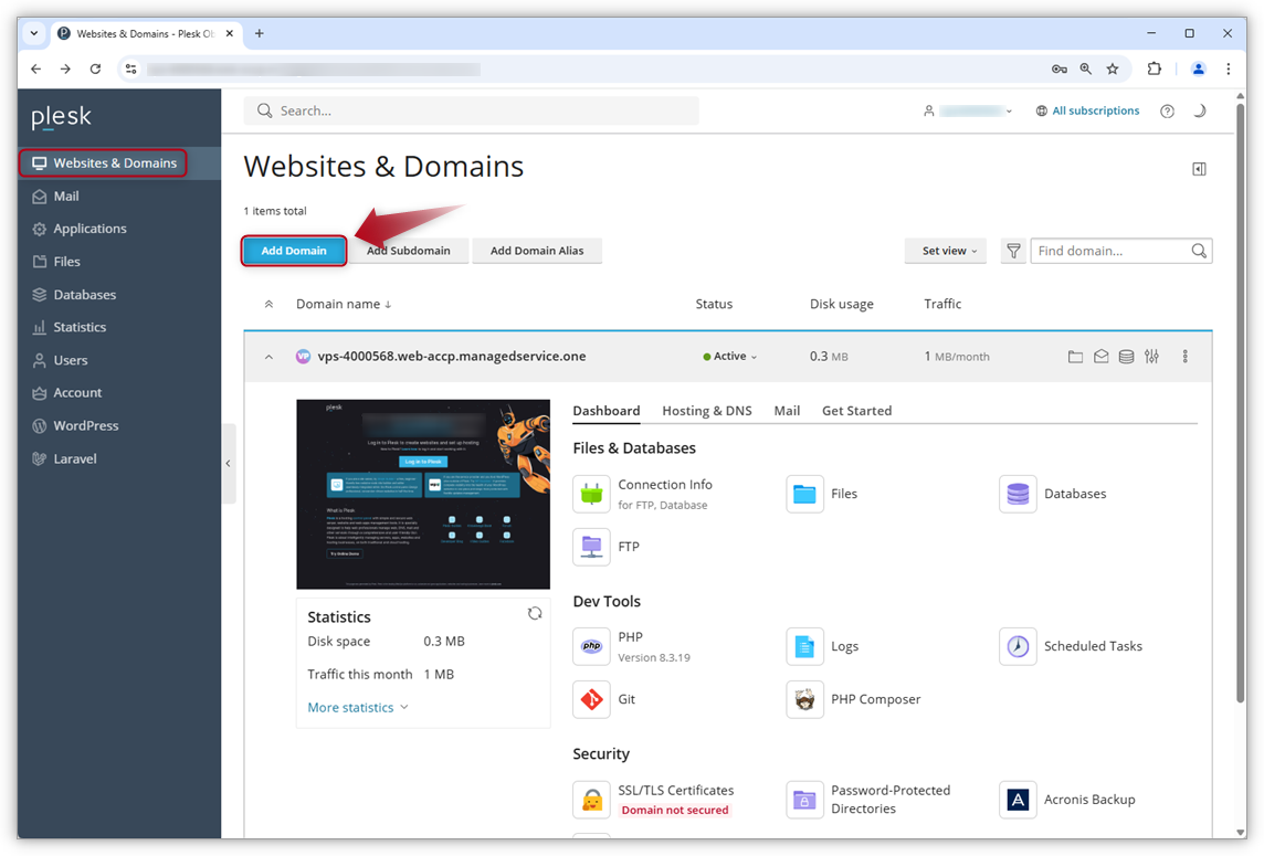 Screenshot from within Plesk where an arrow is pointing on the Add Domain button. 