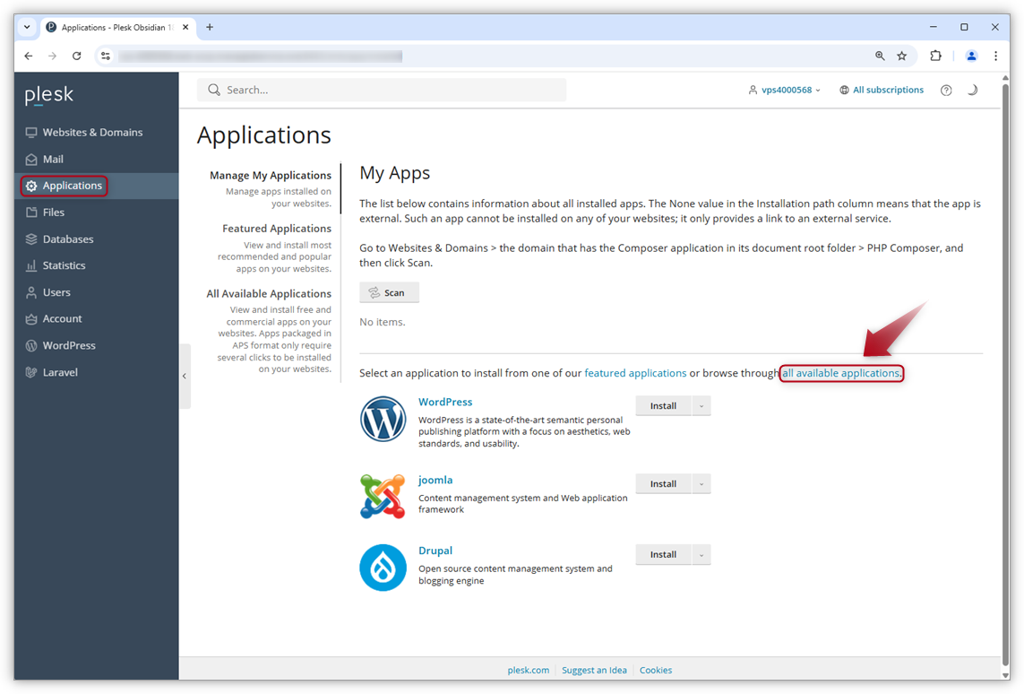 Screenshot of the page Applications where you should click the button names all available applications