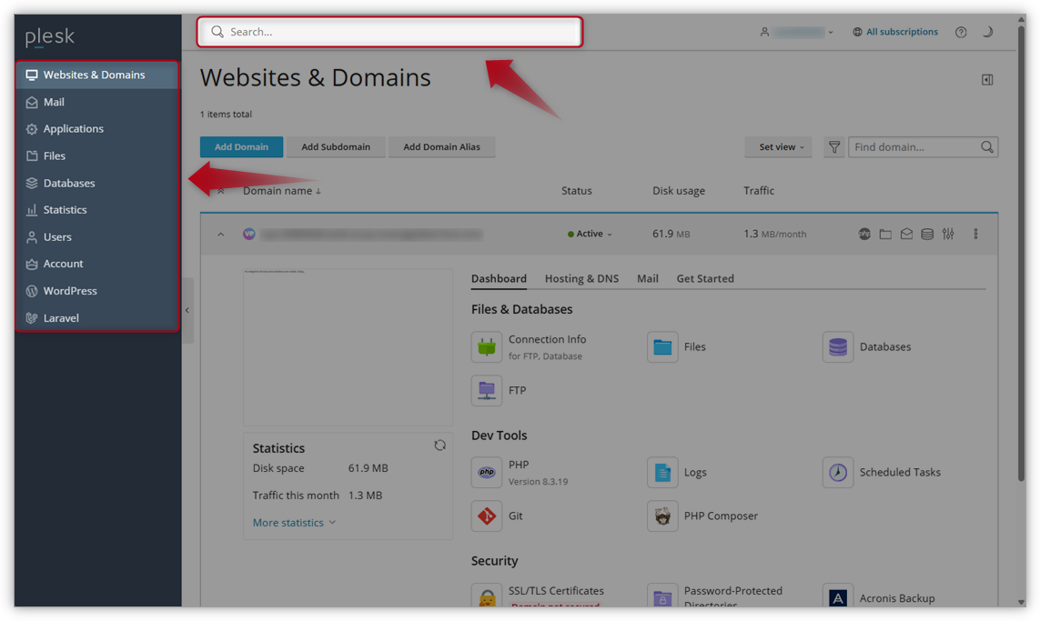 Screenshot of the landingpage in Plesk with an arrow pointing at the menu to the left and the searchbar.