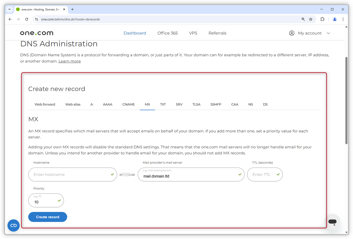 Screenshot of the DNS panel in one.com Controlpanel